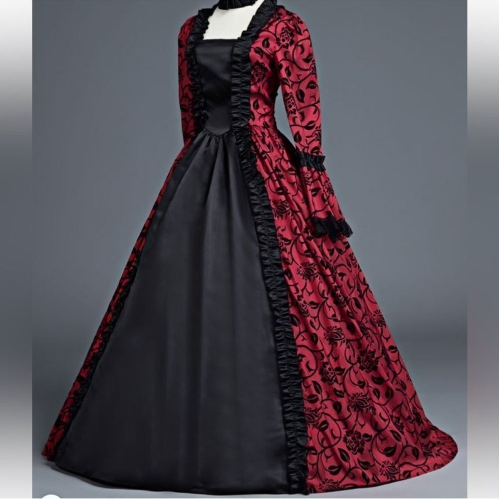 Victorian Dress Red Bow Floral Print Square Neckline Long Sleeves Matte